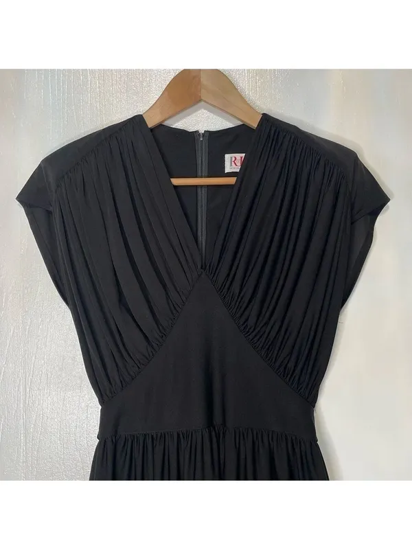 Vintage 70s Midi Dress Ruched Bodice Black Womens M - Image 6