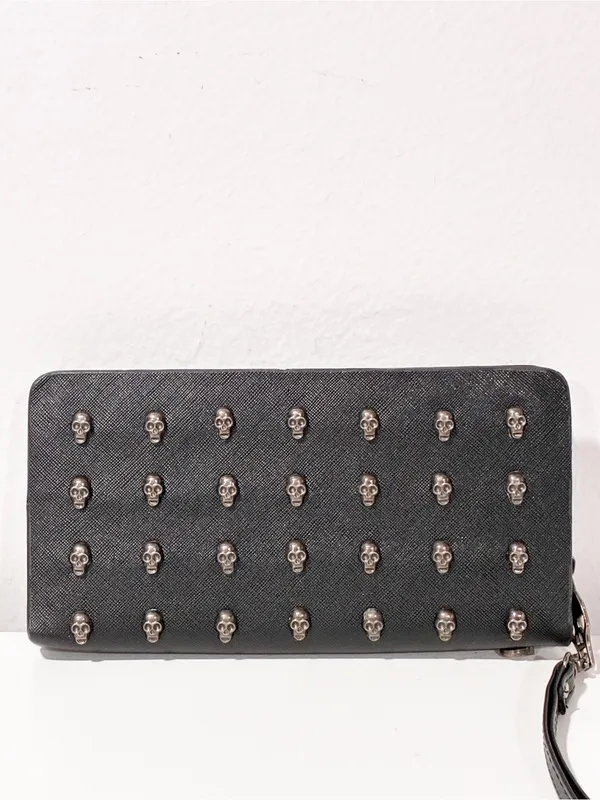 Thomas Wylde Metal Skull Black Vegan Leather Wristlet Zip Wallet Gothic - Image 4