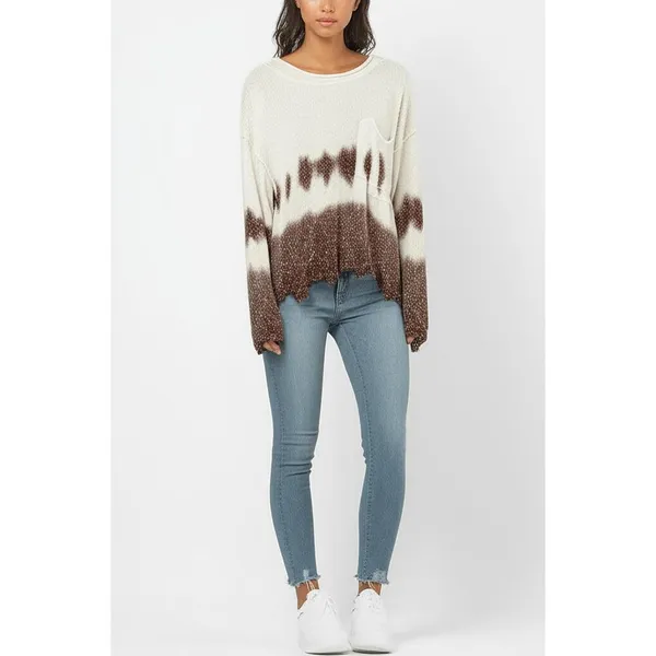 Peach Love Sweater Womens Size Small‎ Cream Brown Tie Dye Distressed Pocket Boho - Image 2