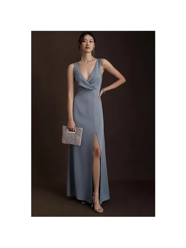 Anthropologie Bhldn Dusty Blue Piper V-Neck Side Slit Satin Gown - Image 2