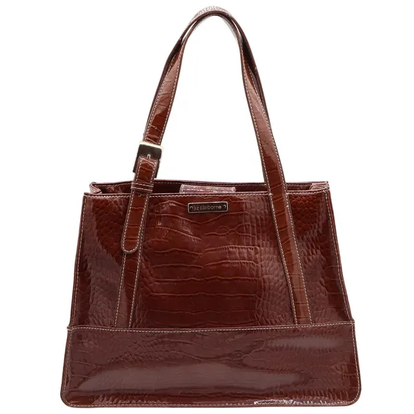 Liz Claiborne Tote Bag Women's Large Croc Embossed Brown Patent Faux Leather - Image 2
