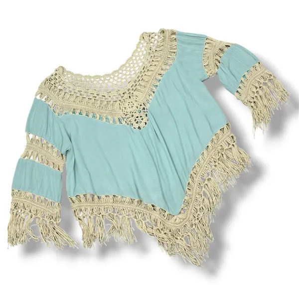 UMGEE Boho Peasant Crochet Fringe Hem Triangle Top‎ Teal Green Tan Large Hippie - Image 14