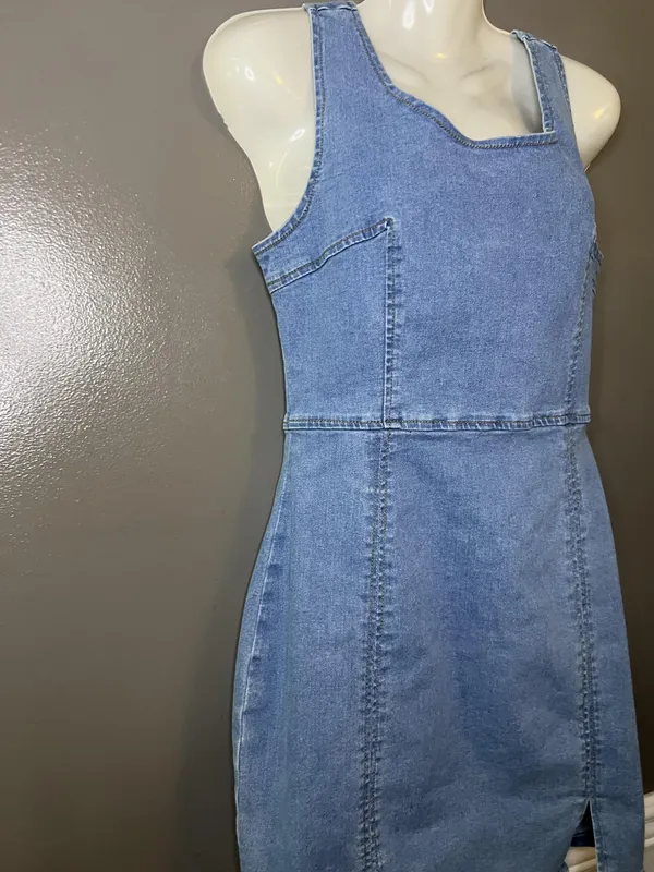 Conshvi Dress Womens Medium Blue Denim Tank Sheath Mini Zip Back Sleeveless - Image 4