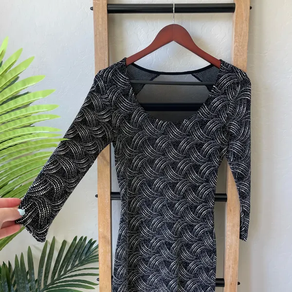 Foreign Exchange Black & White Beaded Patterned Long-Sleeve Dress - Image 2