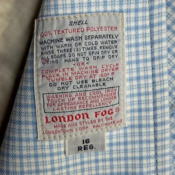 Vintage London Fog Trench Coat Womens 16 Reg Blue Gingham Retro Mod Academic 70s - Image 4