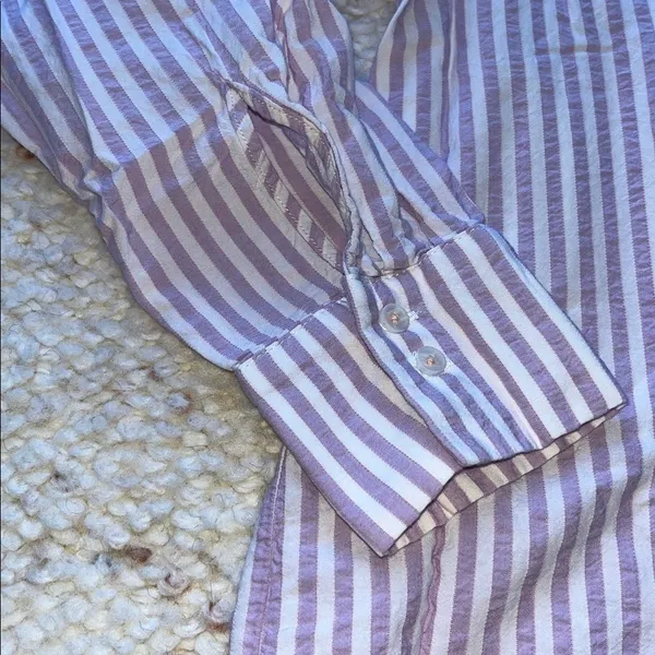 Anthropologie Oversized Button Up Tunic Blouse‎ Lavender Purple Stripe Medium - Image 4