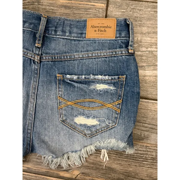 Abercrombie Fitch Distressed‎ Beaded Denim Shorts Blue 00/24 Frayed Hem Mini Y2K - Image 9