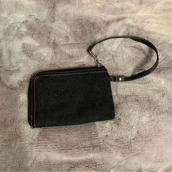 Fossil Wristlet Wallet Black Monogram Zip Around Small Purse Clutch Bag Fabric‎ - Image 2