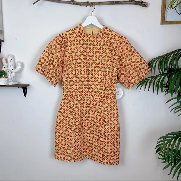 Lost + Wander Golden Dawn Orange Geometric Print Puff Sleeve Mini Dress Size S - Image 2