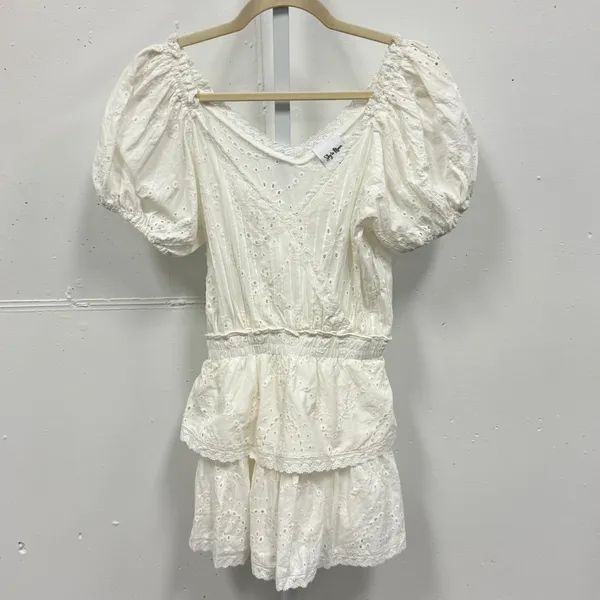 Sky to Moon Eyelet Lace Mini Dress Puff Sleeve Smocked Waist‎ Small White Boho - Image 2