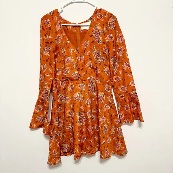 J.O.A. Womens Dress L New Rust Orange Purple Floral Mini Bell Long Sleeve‎ - Image 2