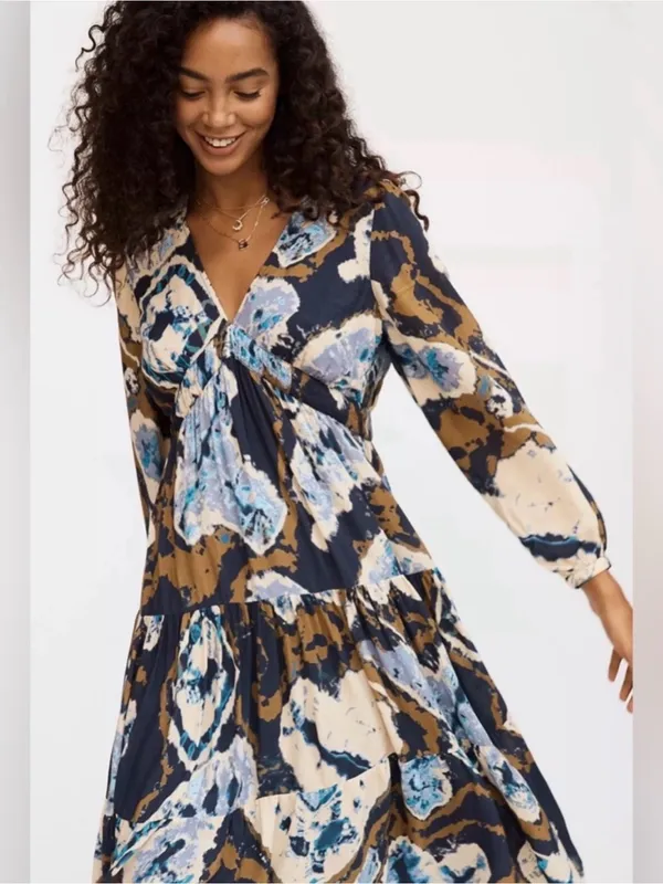 ANTHROPOLOGIE Othelia Arden Tie Dye Midi Dress S 19” P2P Blue/Tan/Cream EUC - Image 4