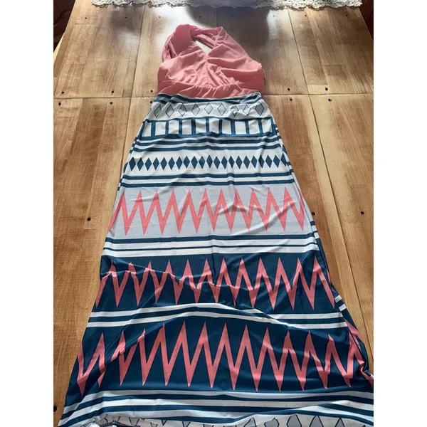 Boho Geometric Print Halter‎ Maxi Dress Coral Blue White Summer Vacation Resort - Image 7