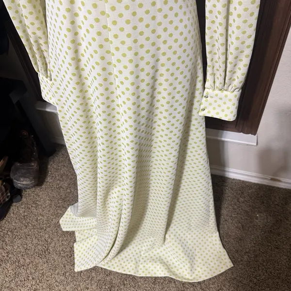 Vintage Maxi Dress 70s Yellow Polka Dot Homemade Prom Dagger Collar Mod‎ Sz S - Image 4