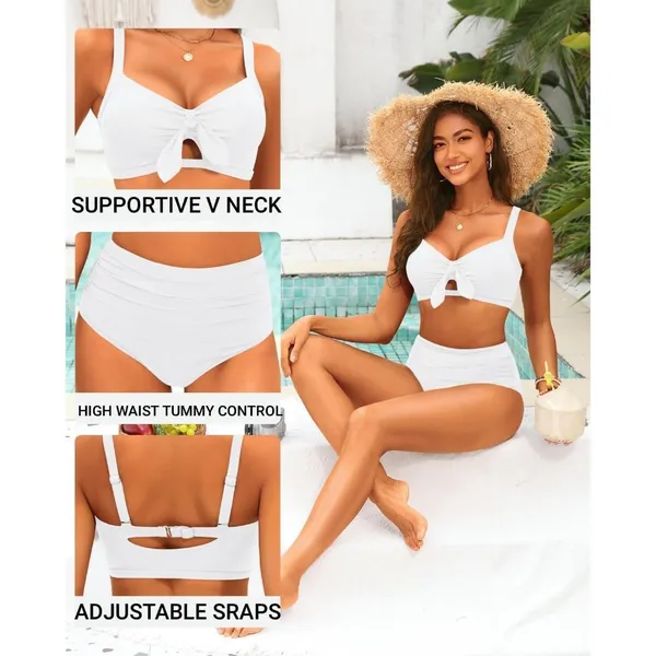 Tempt Me Two Piece LARGE White Swimsuit High Waisted Bikini Ruched Swimwear - Image 4