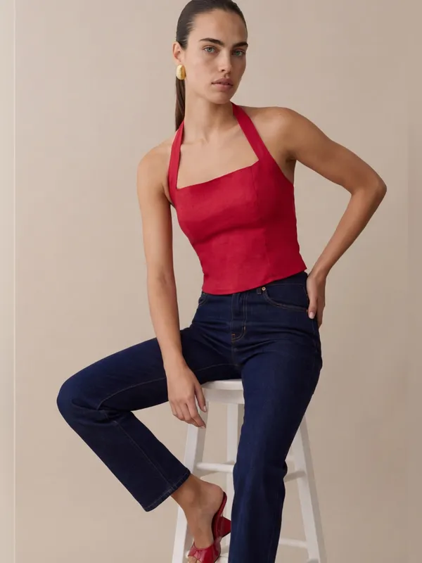 NWT Few Moda Dixie Linen Top Size 6 Red halter smock Kourt - Image 4