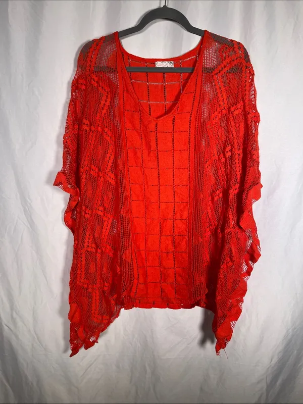 Free People Womens Sunshine Crochet Kaftan Poncho Coverup Red One Size Fits All - Image 3