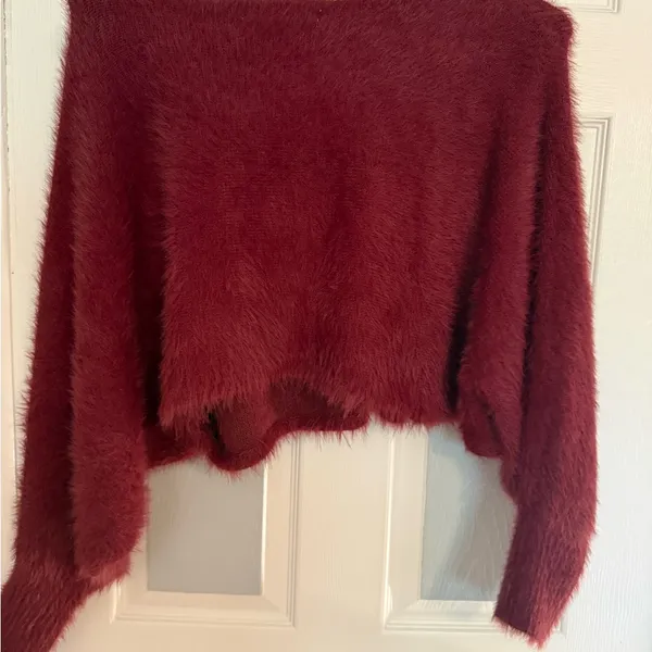Altar'd State Fuzzy Off-Shoulder Crop Sweater in Deep Wine - Image 4