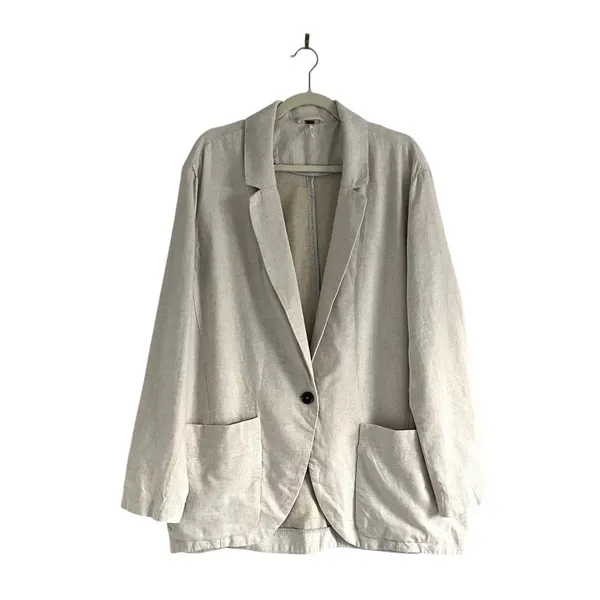Free People Simply Perfect Linen Blazer Natural Tan Medium Oversized Jacket M - Image 2