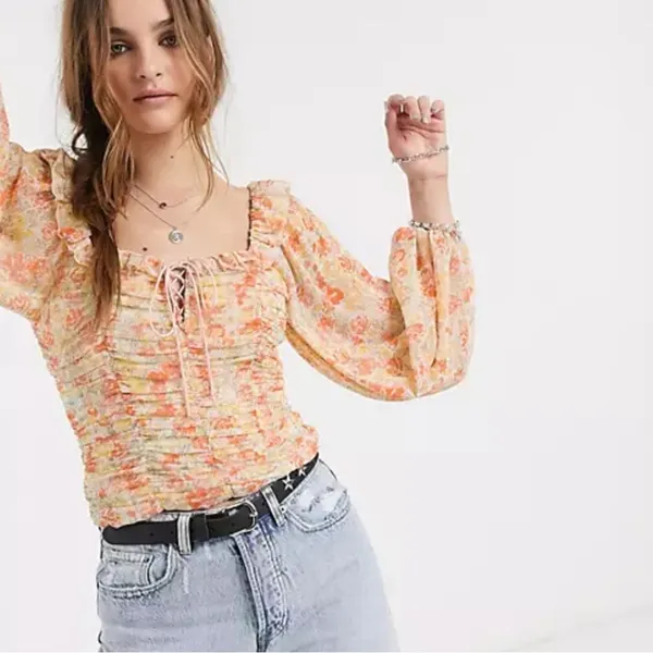 Free people Mable floral top‎ peach Sz S balloon sleeve - Image 6