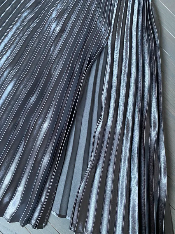 New York And Company Pleated Maxi Skirt In Carlson Grey Metalic NWT Skirt - Image 4