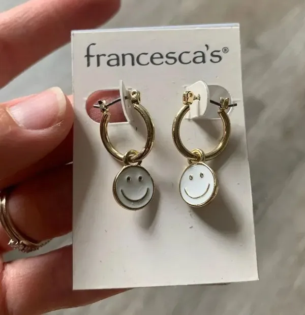 Francesca’s Smiley Hoop Earrings White And Gold NWT - Image 2