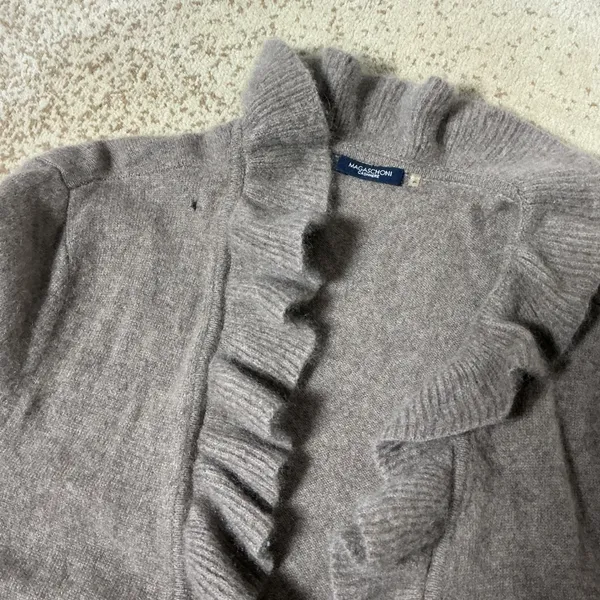 Magaschoni Ruffle Trim Cashmere‎ Cardigan Womens Brown Open Front Knit Hole - Image 7