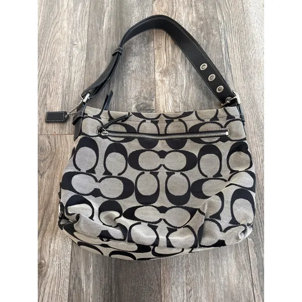 Vintage y2k Coach Signature Large C Carly Hobo Bag Black Grey Canvas Leather - Image 4