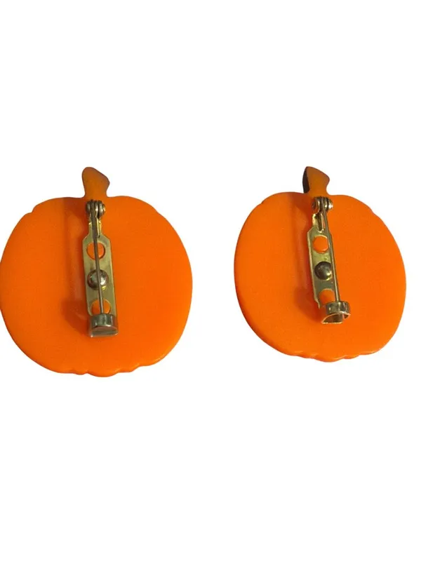 2 Vintage Jack O Lantern Pin Brooch Pumpkin Halloween Plastic Textured Estate - Image 4