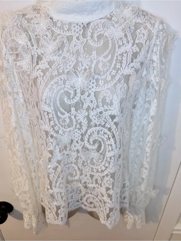INA White Lace High Neck Blouse 3D Butterflies Size L Back Zipper - Image 3