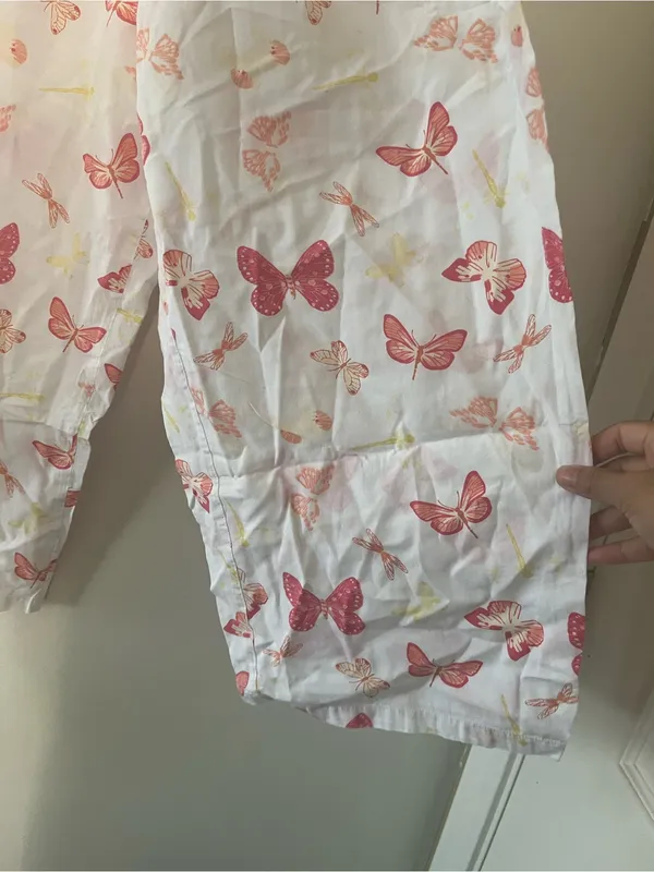100% Cotton White Pink Butterfly Print Wide Leg Pajama Pants Medium Cottagecore - Image 3