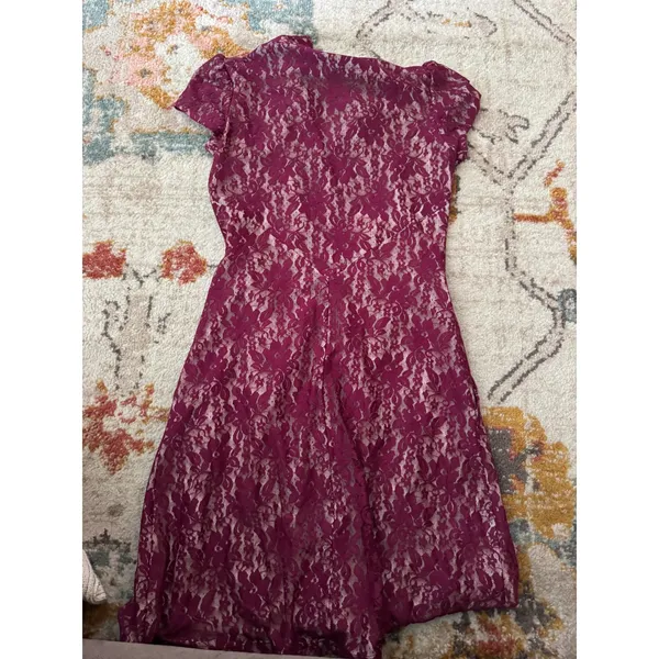 Ave Maria Magenta Floral Lace Button Down Dress Short Sleeve Polka Dot Lining S - Image 5