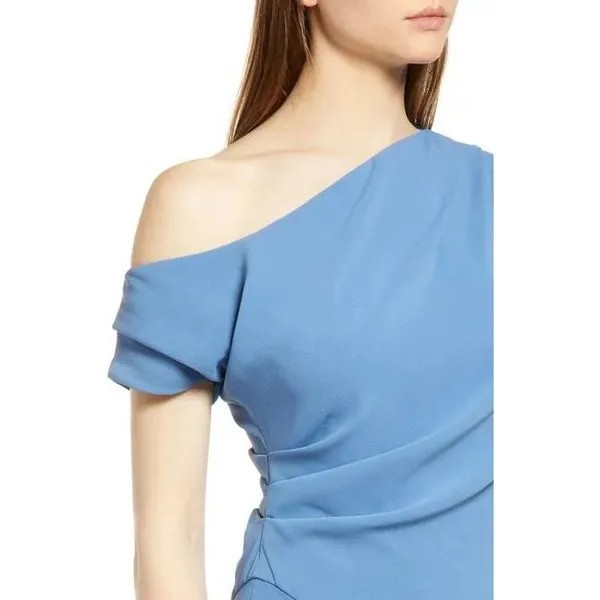 Elliatt Blue Cassini Ruched Wrap Dress M Wedding Guest Party Asymmetric Knit - Image 3