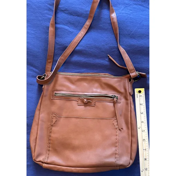 Cognac Brown Faux Leather Crossbody Bag with Whipstitch Detail and Multi Pockets - Image 3