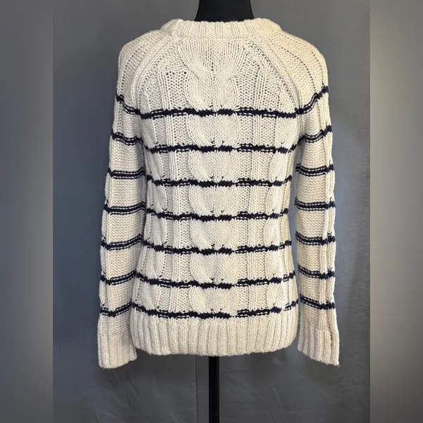J. Jill Cream & Navy Striped Crew Pullover Preppy Cable Knit Raglan Sweater XS - Image 2