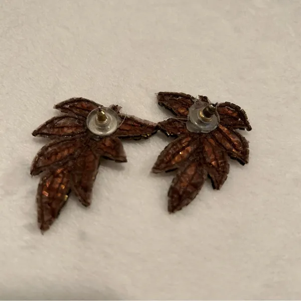 Bronze Sequin Beaded Leaf Statement Earrings Copper Metallic Botanical Studs‎ Brown - Image 2