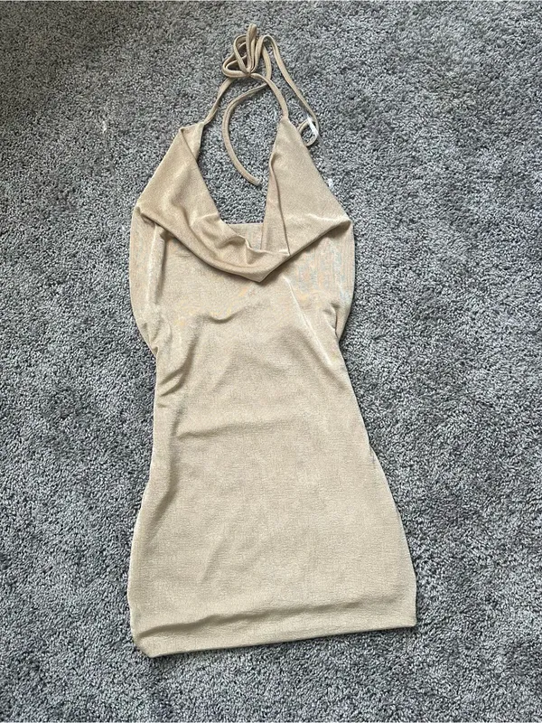 Fiestar Backless Cowl Neck Mini Dress in Champagne - Image 2