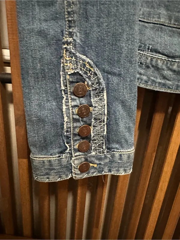 Blue Asphalt Vintage Denim Jacket Large Embroidered Flower Plaid Trim Y2K Cut - Image 5