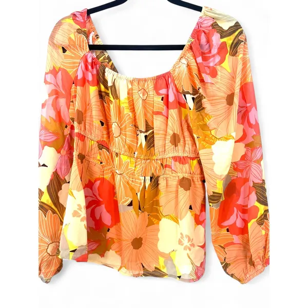 NWT DR2 Daniel Rainn | M | Melon Floral gathered Top Blouse Women's Peasant - Image 3