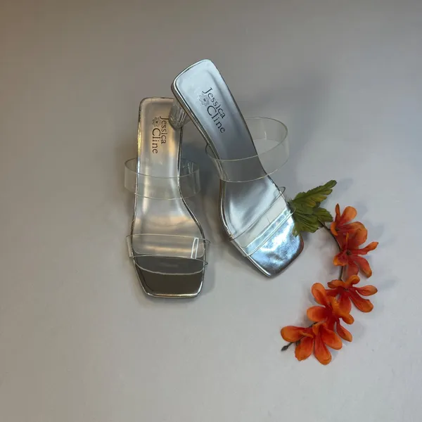 Jessica Cline Silver Metallic Clear Strap Block Heel‎ Slide Sandals Square Toe 7 - Image 7