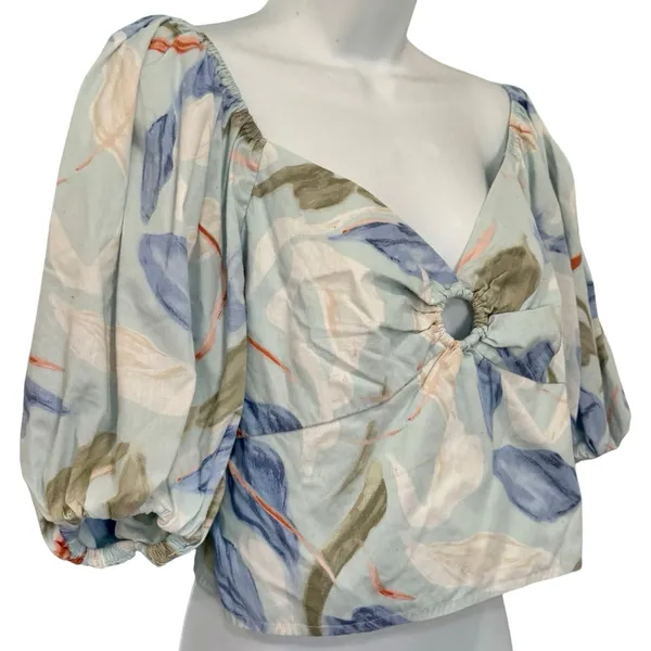 Abercrombie & Fitch Blue White Green Floral Smocked Puff Sleeve Crop Top size L - Image 8