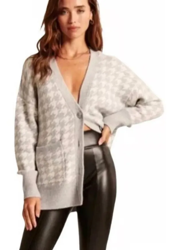 Abercrombie & Fitch Light Gray and White Houndstooth Vneck Cardigan - Image 6
