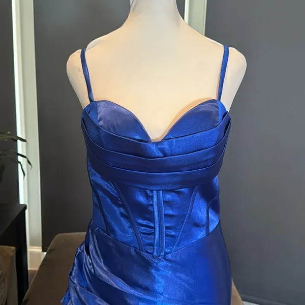 Women’s Blue Full Length Prom Dress CrissCross Straps Leg Slit Size 6 *READ - Image 2