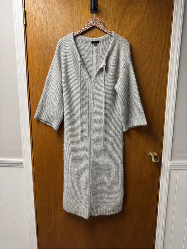 J. Crew Relaxed Tie Neck Long Sleeve Knit Sweater Midi Dress Wool Blend Gray S/M - Image 13