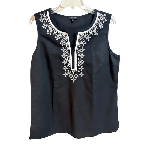 Talbots Embroidered Sleeveless Top 10 Black Excellent‎ Linen Blend Split Neck - Image 2