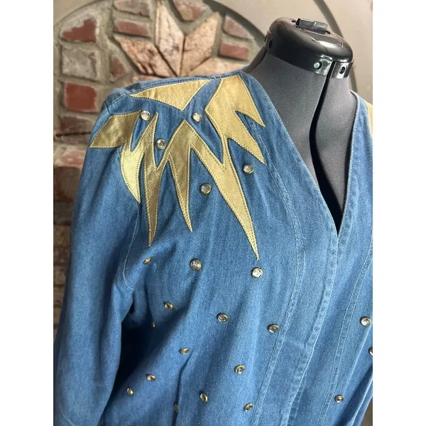 Jean Jacket open front gold shoulders studded bedazzled 1990s Blue Size XL - Image 3