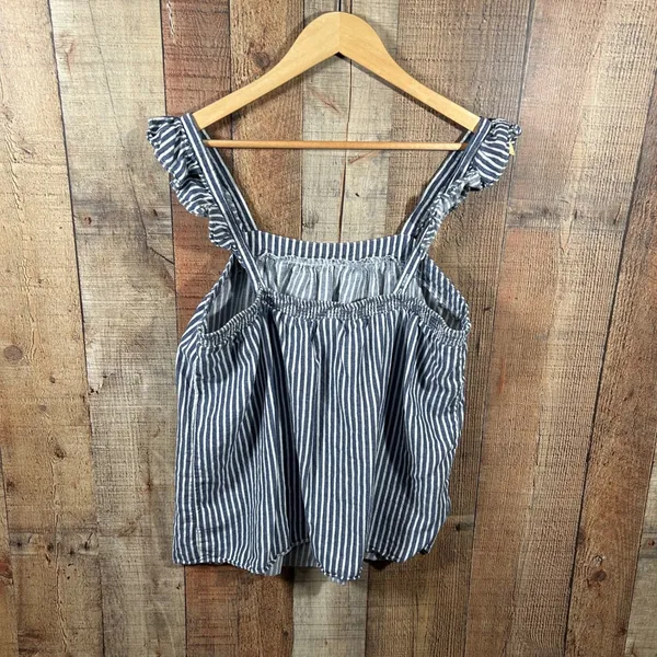 Old Navy Blue White Striped Ruffle Strap Linen Cotton Top Large Coastal Nautical - Image 6