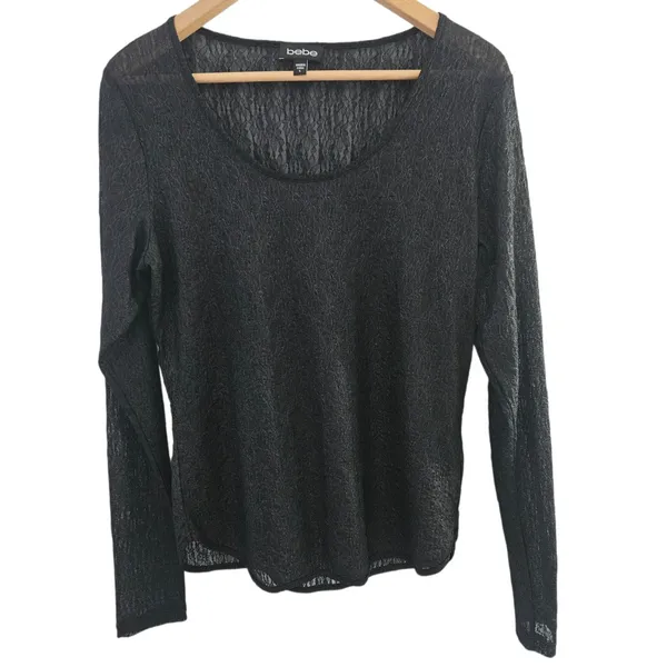 Bebe Black Lace Sheer Long Sleeve Scoop Neck Top Women’s Size Large Y2K - Image 2