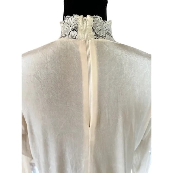 Sheer Lace High Neck Blouse Ivory Embroidered Korea Vintage Style Medium - Image 6