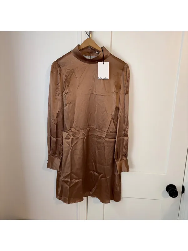 Reformation $278 Womans 12 NWT Kim 100% Silk Mock Neck Mini Dress Open Back - Image 3